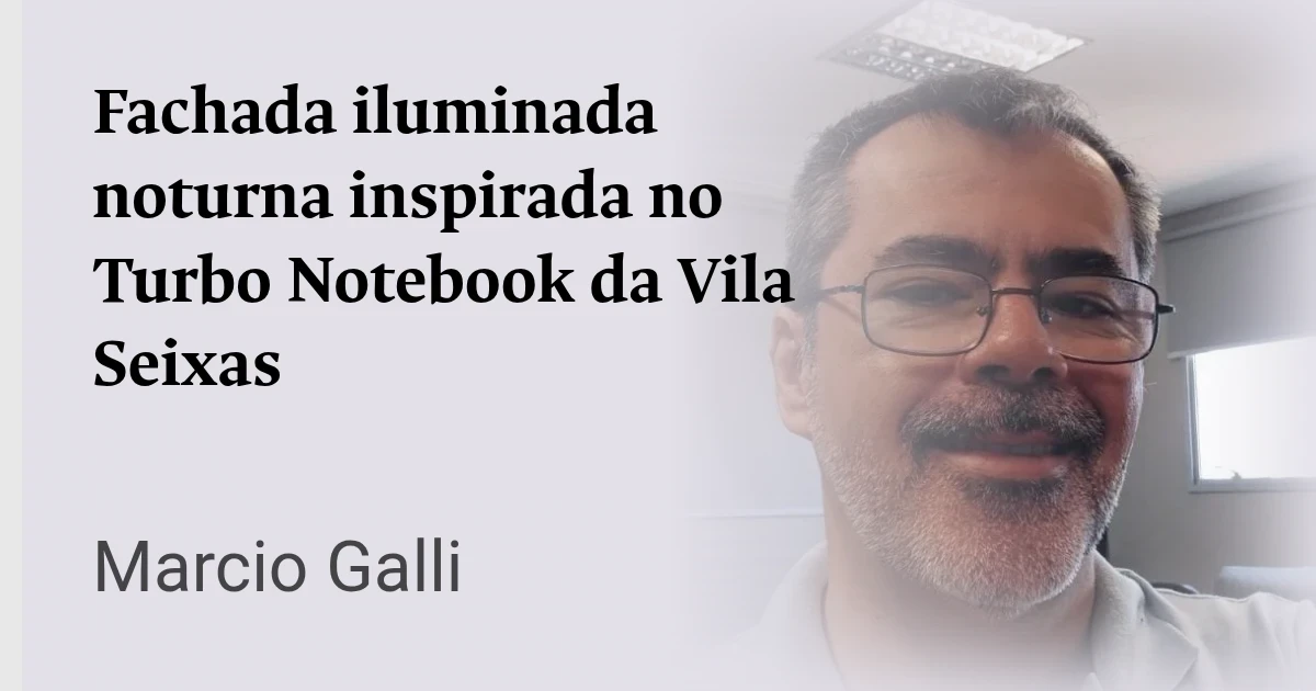 Fachada iluminada noturna inspirada no Turbo Notebook da Vila Seixas